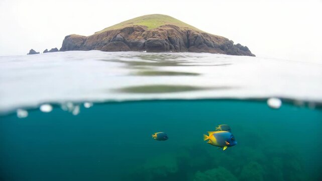 This captures the beauty of a coastal adventure, featuring an island landscape from above and underwater views from below, all in one frame.