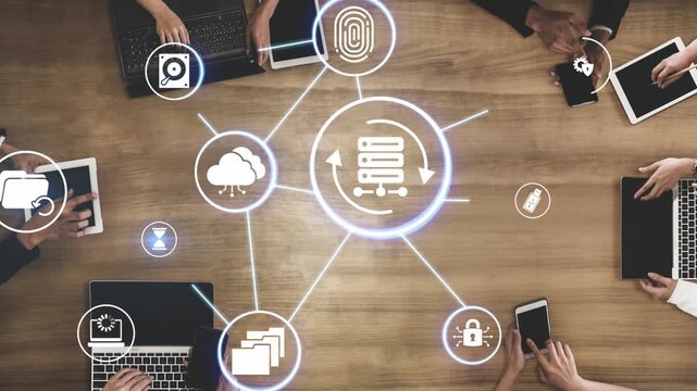 Data recovery icons show backup, data recovery process, and secure restoration. Data recovery ensures system reliability, data recovery protection, and information access. Funnel