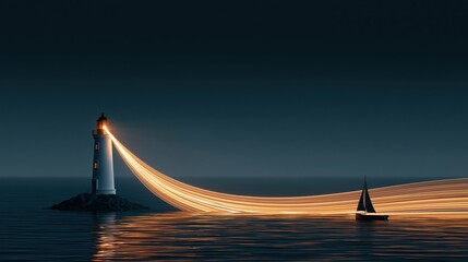Obraz premium Lighthouse beam forming a glowing light trail guiding a small boat across a dark sea navigation concept