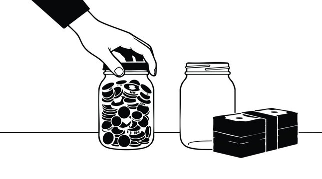Hand reaches to place a coin into a glass jar beside another empty jar and bundled paper money on a desk surface.