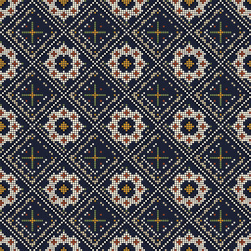 Indigo Bogolan Floral Diamond Cross Stitch