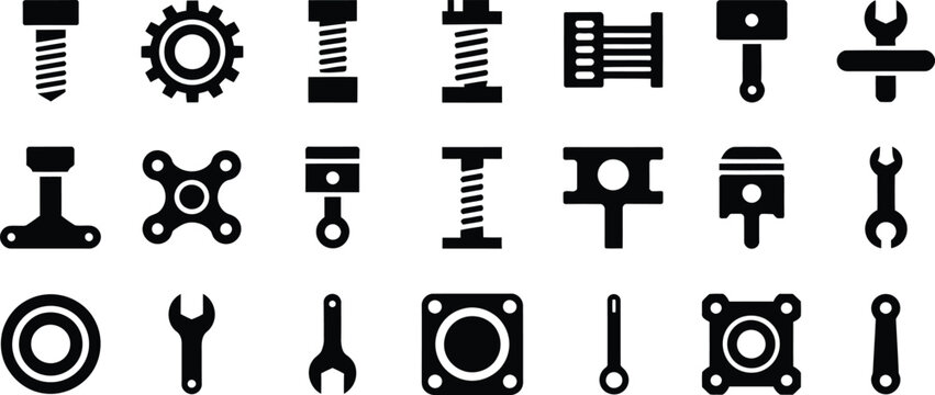 Mechanical components silhouette icon set illustration, screws gears springs pistons wrenches bearings vector art