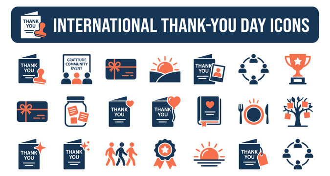 International thank-you day icons set with gratitude symbols and appreciation designs featuring design, vector