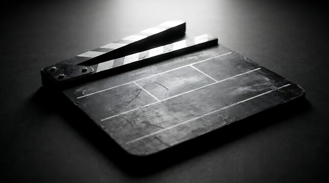 A black and white film clapperboard used for movie production on a dark background.