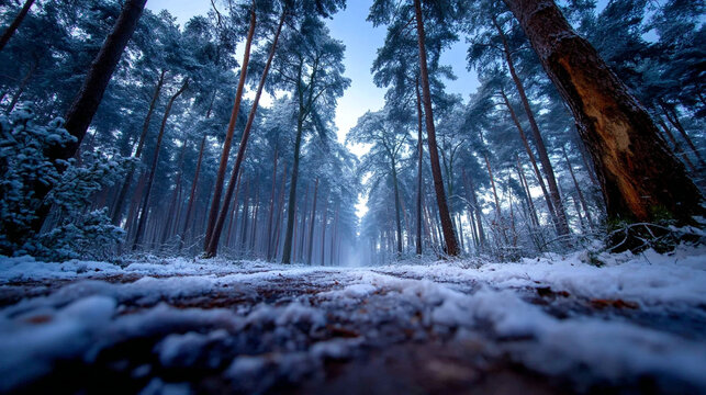 Snow covered forest floor among pine trees in wintertime with seasonal, woodland