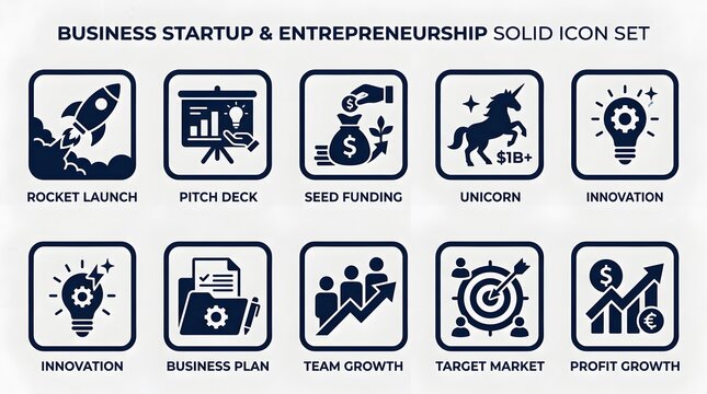 Business Startup and Entrepreneurship Solid Icon Set