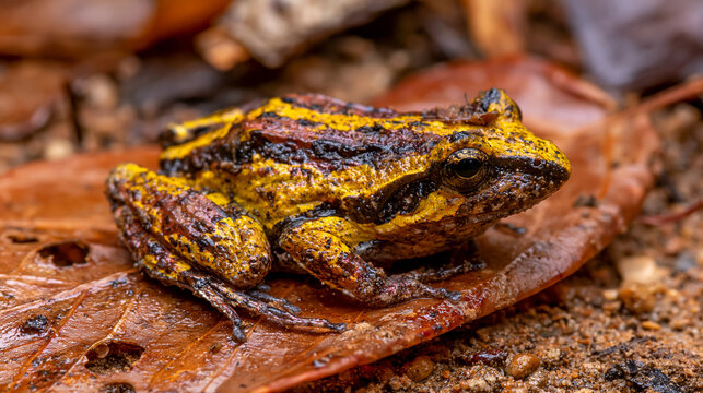 Small bright yellow and black patterned frog resting on a large brown leaf