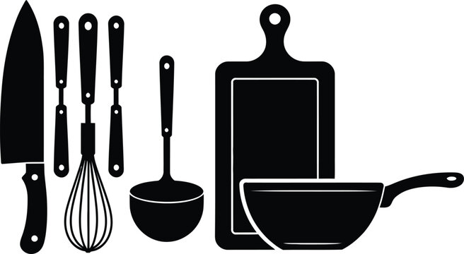 Set, of, black, silhouettes, and, icons, representing, kitchen, utensils, knife, whisk, ladle, cutting, board, pan, vector