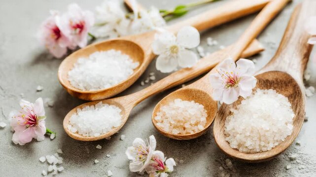 A collection of salt spoons, each filled with a different type of fine and coarse salts, resting on a gray surface. The spoons are accompanied by pink flowers that add a touch of nature to the scene.