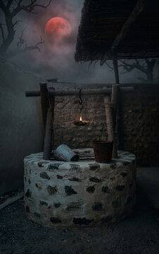 Abandoned Village Stone Well with Blood Moon and Oil Lamp at Night