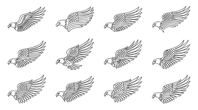 American Eagle Flag Wings Flying Motion Sequence Outline Illustration
