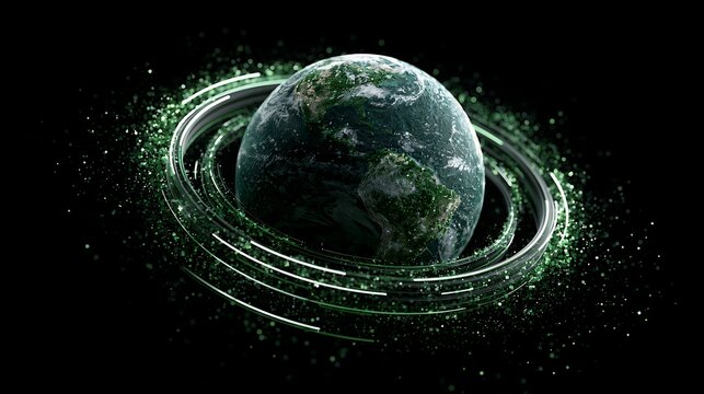 Floating earth encircled by carbon trading rings and green digital particles, global climate finance concept,