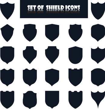 Set of 22 shield icons with various medieval and modern symbols