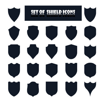 Set of 22 shield icons with various medieval and modern symbols