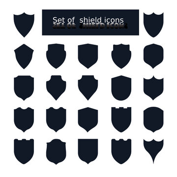 Set of 22 shield icons with various medieval and modern symbols