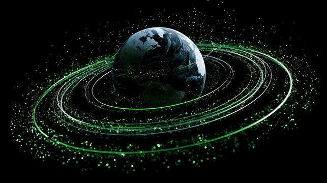 Floating earth encircled by carbon trading rings and green digital particles, global climate finance concept,