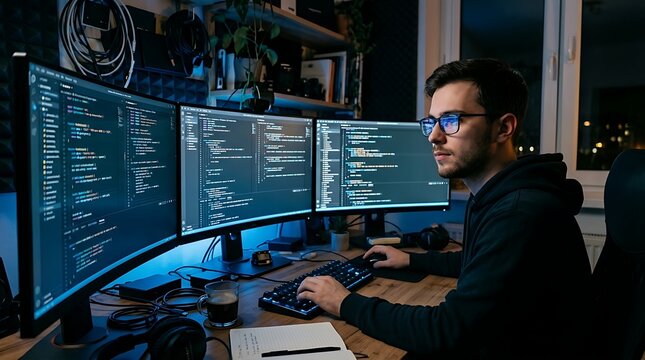Developer working on multiple computer monitors displaying code in a dark room