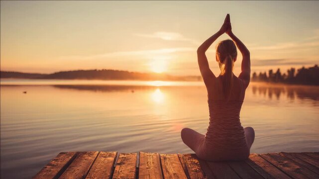 A woman in a yoga pose overlooking a calm lake during sunset. She is holding her hands together and appears serene amidst the tranquil scenery. The wooden dock underlines the natural environment.