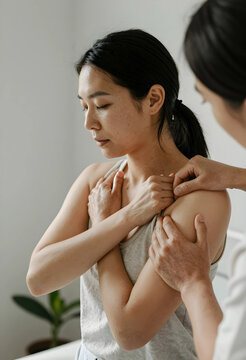 Young asian woman receiving shoulder and arm massage from a therapist for pain relief and relaxation