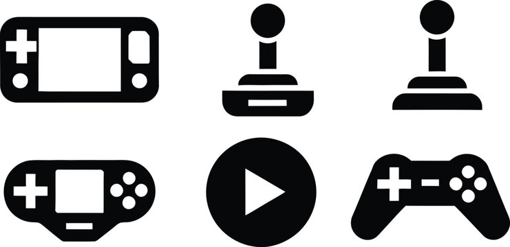 Video game silhouette icon set illustration, console joystick controller play button vector art, gaming device design