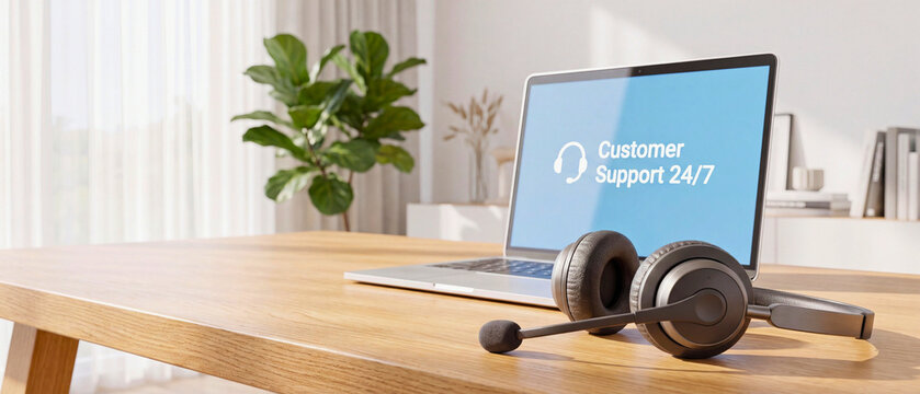 Customer support headset and laptop setup for 24/7 call center service in modern home office workspace copy space