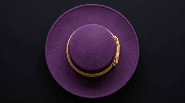 Overhead view of a wide brim purple felt hat.