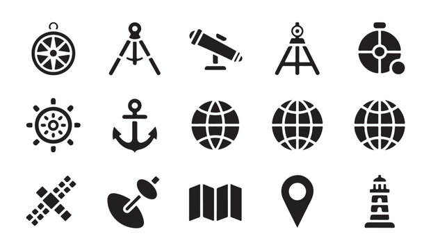 Compass anchor globe map satellite lighthouse flat icons. navigation, travel, and exploration symbols.