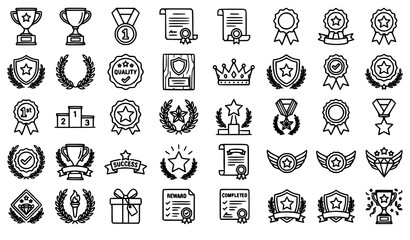 Fototapeta premium Minimal Line Award Trophy Medal Certificate Outline Vector Icon Collection