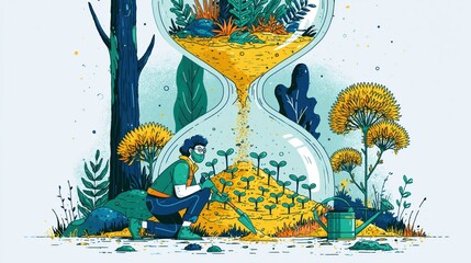 Obraz premium Hourglass with plants growing inside and a tiny gardener time and growth illustration