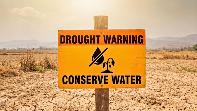 Drought warning sign urging water conservation on cracked dry land representing climate change and environmental crisis
