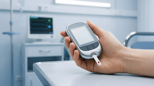 Hand Holding Digital Glucometer with Blood Test Strip in Hospital