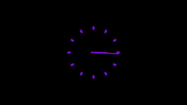 Minimalist purple neon clock face animation on black background time watch