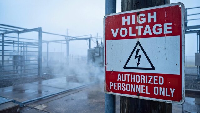 High voltage warning sign restricting access to authorized personnel only at industrial power plant facility