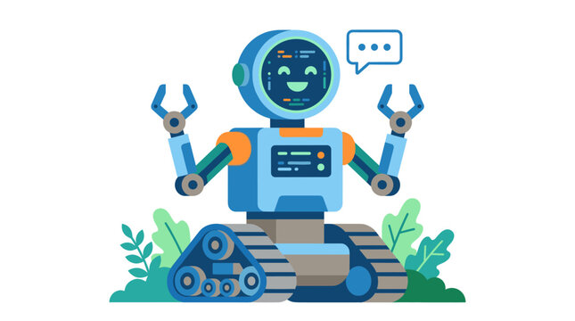 Friendly blue robot character on tracks with speech bubble.