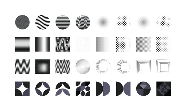Abstract geometric graphic elements set with Monochrome, Halftone patterns, Line textures, Circular frames and Modern minimal shapes vector collection