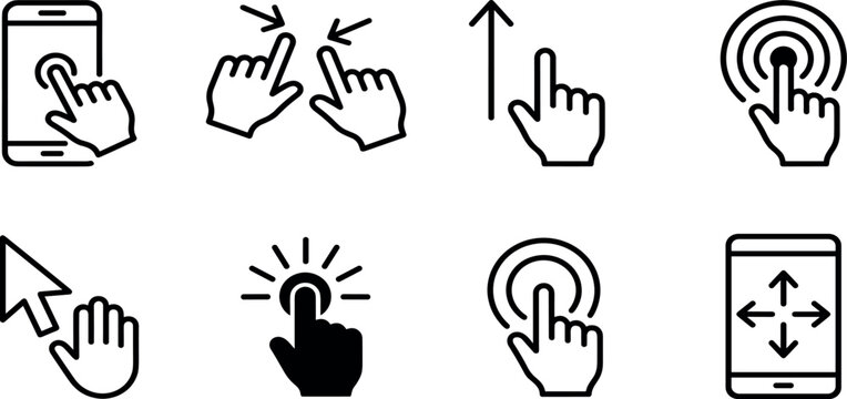 Mobile Touch Screen Hand Gestures and Mouse Pointer Line Icon Set Featuring Pinch Zoom, Swipe Up, Double Tap, Drag, and Navigation Screen Arrows (24 words)