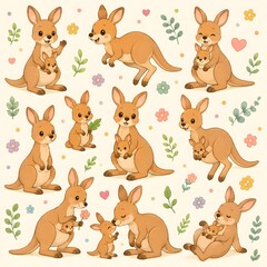 Naklejka premium Charming seamless watercolor pattern featuring adorable kangaroos in different poses surrounded by flowers and leaves. Great for nursery decor, fabric, and children's products.