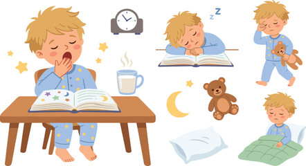 Cute Little Boy Bedtime Routine Vector Character Asset Set with Tired Child Yawning Reading Book Sleeping in Bed and Holding Teddy Bear