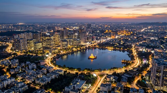 Aerial view of Hussain Sagar Lake and Hyderabad skyline at sunset with city lights.