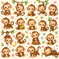 Fototapeta premium Playful seamless pattern featuring adorable monkeys in various poses with tropical leaves, flowers, and branches in watercolor style.