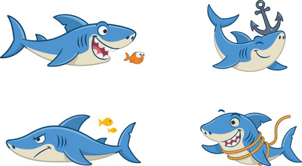 Fototapeta premium Cute Blue Shark Cartoon Character Vector Set Featuring Funny Ocean Fish Chasing Goldfish Tangled in Rope and Carrying a Marine Boat Anchor