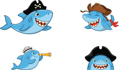 Cute Pirate Shark Cartoon Character Vector Set with Funny Blue Sharks Wearing Tricorn Hats Sailor Cap and Holding a Telescope Spyglass