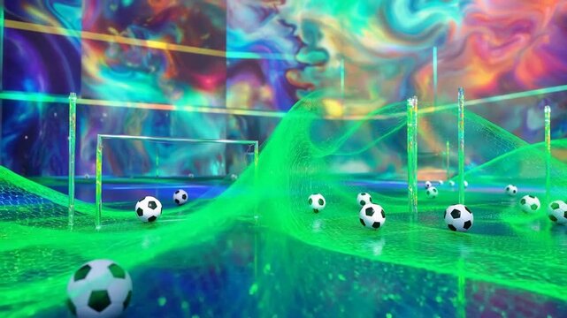 Abstract soccer field with floating balls and vibrant cosmic background