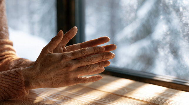 Rubbing hands by winter window, warm skin and soft sunlight on wooden surface