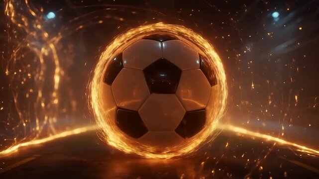 A soccer ball surrounded by fiery energy in a dark stadium setting