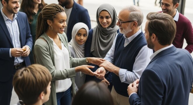 A diverse group of people of different ages and genders, dressed in business attire, are gathered in a circle, with their hands stacked in the center, forming a symbol of unity and teamwork.