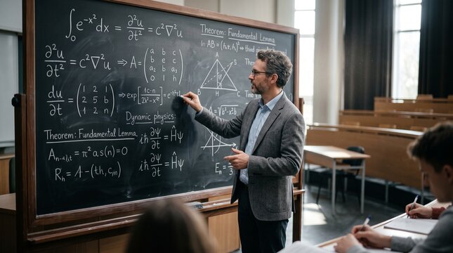 Mathematics Teacher Writing Advanced Equations on Classroom Chalkboard