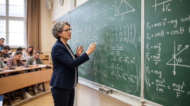 Mathematics Teacher Writing Advanced Equations on Classroom Chalkboard