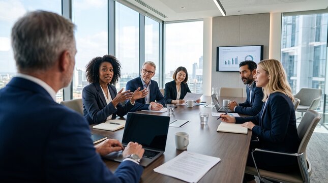 Business Executives Discussing Corporate Strategy During Modern Boardroom Meeting