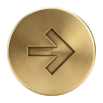 Brushed gold circular button with an embossed right-facing arrow symbol isolated transparent background image